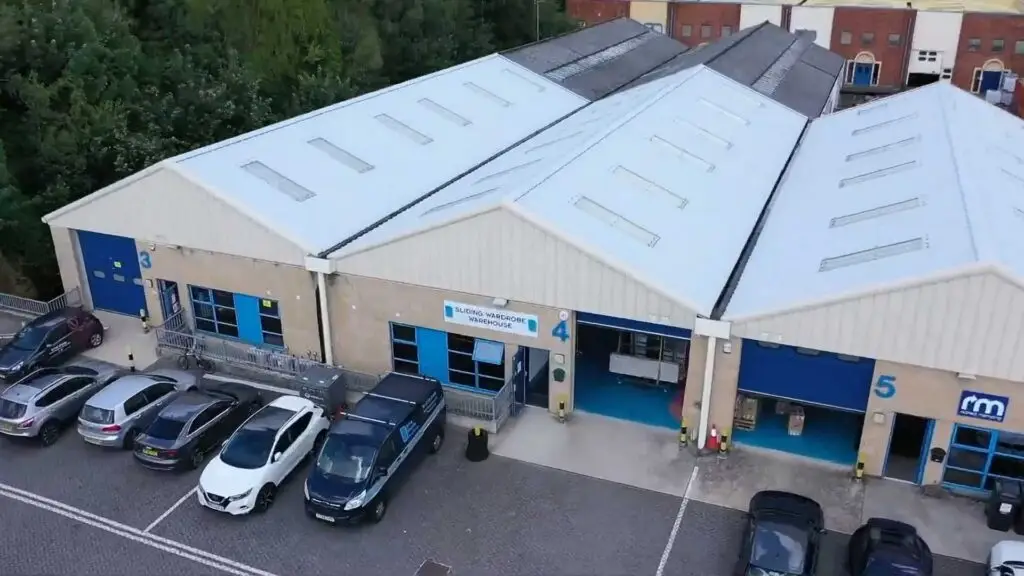Aerial view of the Sliding Wardrobe Warehouse showroom and workshop at Unit 4, Dorking